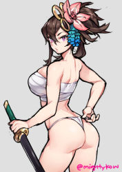 Rule 34 | 1girl, alternate costume, ass, back turned, breasts, brown hair, dragalia lost, flower, fundoshi, fundoshi pull, ge-b, hair flower, hair ornament, holding, holding sword, holding weapon, japanese clothes, large breasts, long hair, looking at viewer, ponytail, sword, upper body, weapon, yachiyo (dragalia lost)