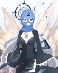 Rule 34 | 1girl, ahoge, animal ears, assault rifle, balaclava, blue archive, blue eyes, breasts, cleavage, dress, explosion, expressionless, gloves, grey hair, gun, halo, hoshino ouka, long hair, looking at viewer, mask, medium breasts, rifle, shiroko (blue archive), shiroko terror (blue archive), sig sauer, sig sauer 556, simple background, solo, thighhighs, very long hair, weapon, wolf ears