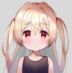 Rule 34 | 1girl, black one-piece swimsuit, blonde hair, child, closed mouth, collarbone, copyright request, crossed bangs, grey background, hair between eyes, highres, long hair, looking at viewer, meito (maze), one-piece swimsuit, red eyes, simple background, solo, swimsuit, two side up, upper body