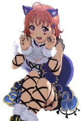 Rule 34 | 1girl, ahoge, animal ears, ankle lace-up, bad id, bad pixiv id, black nails, claw pose, cross-laced footwear, dress, fur-trimmed dress, fur trim, highres, icehotmilktea, looking at viewer, love live!, love live! school idol festival, love live! school idol festival all stars, love live! sunshine!!, nail polish, open mouth, orange hair, red eyes, short hair, simple background, sleeveless, sleeveless dress, solo, tail, takami chika, white background
