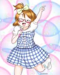 Rule 34 | 1girl, alternate hairstyle, aqua bow, artist name, artist request, blue skirt, blush, bow, breasts, brown hair, checkered clothes, checkered skirt, closed eyes, female focus, glasses, green bow, hair between eyes, hair bow, highres, holding, holding microphone, koizumi hanayo, looking at viewer, love live!, love live! school idol project, microphone, miniskirt, music, parted lips, plaid, plaid skirt, pleated, pleated skirt, pointing, pointing at viewer, puffy short sleeves, puffy sleeves, purple eyes, semi-rimless eyewear, shirt, short hair, short sleeves, singing, skirt, smile, socks, solo, sparkle, standing, standing on one leg, white background, white shirt