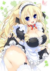 Rule 34 | 1girl, :d, absurdres, animal ears, bell, blonde hair, blue eyes, breasts, cat ears, cleavage, clothes lift, collar, dress, dress lift, garter straps, highres, large breasts, long hair, maid, maid headdress, neck bell, no panties, open mouth, original, smile, solo, thighhighs, very long hair, watsuki ayamo, white thighhighs