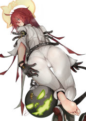 Rule 34 | 1girl, aqua eyes, ass, back, barefoot, black gloves, blush, breath, broken halo, cameltoe, spiked halo, gloves, guilty gear, guilty gear strive, halo, hand on own ass, highres, jack-o&#039; valentine, long hair, looking at viewer, pantylines, red hair, rib:y(uhki), shoes, simple background, single shoe, smile, soles, solo, toes, unworn shoes, white background