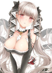 Rule 34 | 1girl, absurdres, azur lane, bare shoulders, between breasts, black dress, blush, breasts, cleavage, commentary request, dress, earrings, formidable (azur lane), frilled dress, frills, grey hair, hair ribbon, highres, jewelry, large breasts, long hair, long sleeves, looking at viewer, mikujin (mikuzin24), red eyes, ribbon, solo, twintails, very long hair