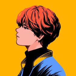 Rule 34 | 1boy, black shirt, blue jacket, brown eyes, copyright request, highres, indie utaite, jacket, minillustration, orange hair, parted lips, profile, real life, shirt, short hair, simple background, solo, utaite, yellow background