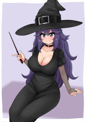 Rule 34 | 1girl, @ @, absurdres, ahoge, alternate breast size, black dress, blush, breasts, choker, cleavage, collarbone, creatures (company), dress, game freak, hair between eyes, halloween, halloween costume, hands up, hat, hex maniac (pokemon), highres, holding, holding wand, large breasts, long hair, looking at viewer, nintendo, pokemon, pokemon xy, purple eyes, purple hair, sitting, smile, solo, the only shoe, wand, witch hat