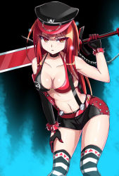 Rule 34 | 1girl, alternate costume, aqua background, black background, black gloves, bra, crimson avenger (elsword), elbow gloves, elesis (elsword), elsword, gloves, gradient background, hat, highres, leaning forward, left-handed, long hair, multicolored eyes, orange eyes, red eyes, red hair, shorts, single elbow glove, solo, striped clothes, striped thighhighs, suspenders, sword, thighhighs, underwear, weapon, zetsuei (zetto)