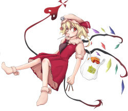 Rule 34 | 1girl, adapted costume, bad id, bad pixiv id, between fingers, blonde hair, candy, dress, female focus, flandre scarlet, food, hat, highres, holding, laevatein, lollipop, miotama, mob cap, one side up, pocky, ribbon, short hair, side ponytail, skull, socks, solo, swirl lollipop, touhou, white hat, wings
