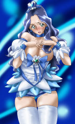 Rule 34 | 10s, 1girl, blue eyes, blue hair, breasts, cleavage, cosplay, cure marine, cure marine (cosplay), female focus, gradient background, heartcatch precure!, kurumi sakura, matching hair/eyes, precure, short shorts, shorts, solo, spiketail, thighhighs