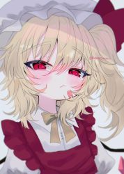 Rule 34 | 1girl, bandaid, bandaid on face, blonde hair, blush, bow, closed mouth, commentary request, crystal, eyelashes, flandre scarlet, hair between eyes, hat, highres, looking at viewer, mob cap, neck ribbon, one side up, puffy short sleeves, puffy sleeves, red bow, red eyes, red ribbon, renakobonb, ribbon, short hair with long locks, short sleeves, slit pupils, solo, touhou, twitter username, upper body, white hat, wings, yellow ribbon