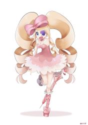 Rule 34 | 1girl, big hair, blonde hair, blue eyes, boots, bow, breasts, cleavage, dated, dress, drill hair, earrings, eyepatch, full body, hair bow, harime nui, heart, heart earrings, highres, jewelry, kill la kill, long hair, looking at viewer, mito keiji, one-eyed, one eye covered, open mouth, pink bow, pink dress, pink footwear, simple background, solo, standing, standing on one leg, strapless, strapless dress, twin drills, umbrella, very long hair, white background