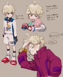 Rule 34 | 1boy, ahoge, arm up, bede (pokemon), blonde hair, blush, closed eyes, closed mouth, cns, coat, collared shirt, commentary request, creatures (company), curly hair, dynamax band, game freak, great ball, grey background, highres, long sleeves, multiple views, nintendo, open mouth, poke ball, pokemon, pokemon swsh, purple coat, purple eyes, shirt, short sleeves, shorts, socks, tongue, translation request, watch, wristwatch