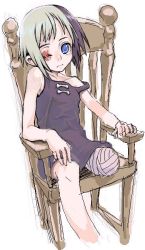Rule 34 | 1girl, amputee, bandages, bare shoulders, bikko, blue eyes, chair, dress, frown, multicolored hair, one-eyed, original, scar, scar across eye, scar on face, short dress, simple background, sitting, solo, strap slip, sundress, two-tone hair, white background, white hair, yoshida on