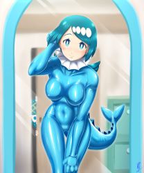 Rule 34 | 2girls, adjusting hair, aozame takao, blue eyes, blue hair, blush, bodysuit, breasts, caught, covered erect nipples, covered navel, creatures (company), door, female pov, freckles, game freak, gen 1 pokemon, gold hairband, hairband, hiding, highres, impossible bodysuit, impossible clothes, lana&#039;s mother (pokemon), lana (pokemon), latex, latex bodysuit, looking at mirror, looking at viewer, low ponytail, mature female, medium breasts, mirror, mother and daughter, multiple girls, nintendo, no sclera, open door, peeking, peeking out, pokemon, pokemon (anime), pokemon (creature), pokemon sm (anime), pov, reflection, shiny clothes, skin tight, sweat, vaporeon