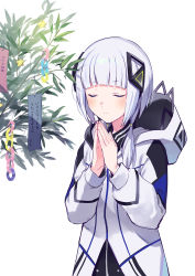 Rule 34 | 1girl, bamboo, blunt bangs, cevio, closed eyes, commentary, fuji fujino, hair ornament, highres, hood, hooded jacket, jacket, kafu (cevio), light blush, medium hair, own hands together, paper chain, praying, sidelocks, solo, standing, star (symbol), star ornament, symbol-only commentary, tanabata, tanzaku, translated, upper body, white background, white hair, white jacket