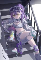 Rule 34 | 1girl, absurdres, baggy socks, bandeau, braid, braided bangs, breasts, buckle, chii (chiiriring), cleavage, closed mouth, demon girl, demon wings, expressionless, gloves, goggles, goggles on head, green eyes, grey socks, hair between eyes, hand on own knee, hashtag-only commentary, highres, hip tattoo, holding, holding megaphone, hololive, hooded shrug, knee pads, knee up, looking at viewer, medium breasts, megaphone, melting tail, midriff, official alternate costume, official alternate hairstyle, ponytail, purple hair, ribbed bandeau, roller skates, see-through, see-through sleeves, shorts, sitting, sitting on stairs, skates, snap-fit buckle, snow goggles, socks, solo, stairs, strapless, tokoyami towa, tokoyami towa (5th costume), tube top, two-sided gloves, virtual youtuber, white bandeau, white gloves, white shorts, white shrug, white tail, white tube top, white wings, winged heart tattoo, wings