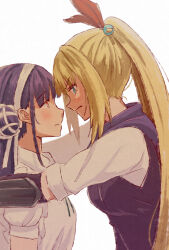 Rule 34 | 2girls, blonde hair, blue eyes, blush, closed mouth, commentary request, elbow gloves, eye contact, forehead-to-forehead, gloves, hair bun, hairband, heads together, heaven burns red, highres, jacket, kabedon, kanzaki adelheid, looking at another, multiple girls, orange eyes, ponytail, purple hair, purple jacket, risai, satsuki mari, shirt, short sleeves, simple background, single side bun, upper body, v-shaped eyebrows, white background, white hairband, white shirt, yuri