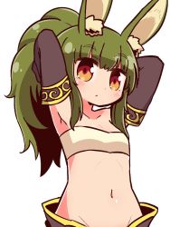 Rule 34 | 1girl, animal ear fluff, animal ears, arms up, bandeau, black gloves, blush, breasts, closed mouth, commentary request, elbow gloves, etrian odyssey, gloves, green hair, groin, hair between eyes, high ponytail, highres, long hair, looking at viewer, masurao (sekaiju), naga u, navel, ponytail, rabbit ears, red eyes, sekaiju no meikyuu, sekaiju no meikyuu 5, simple background, small breasts, solo, upper body, white background, white bandeau