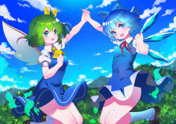 Rule 34 | 2girls, ascot, blue eyes, blue hair, bow, breasts, brown footwear, cirno, cloud, cloudy sky, daiyousei, day, dress, fairy wings, fang, forest, green eyes, green hair, hair bow, holding hands, highres, ice, ice wings, jumping, looking at viewer, medium breasts, multiple girls, nature, neck ribbon, puffy short sleeves, puffy sleeves, ribbon, shoes, short hair, short sleeves, sky, small breasts, smile, socks, thighs, touhou, tree, wings, yuujin (mhhnp306), yuujin (yuzinn333)