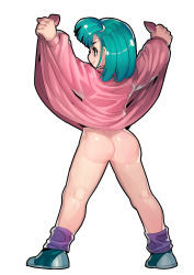 Rule 34 | 1girl, absurdres, aqua eyes, aqua hair, ass, bulma, child, clothes lift, dragon ball, dragon ball (classic), dress, dress lift, fengmo, from behind, full body, highres, kneepits, long sleeves, pink dress, shoes, side ponytail, simple background, smile, solo, white background