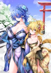 Rule 34 | 2girls, absurdres, antenna hair, arm hug, blonde hair, blue eyes, blue flower, blue hair, blue kimono, blue rose, blue sky, blue sleeves, blush, breasts, cleavage, clothing cutout, cloud, collarbone, colored eyelashes, commentary request, cowboy shot, detached sleeves, dragon girl, dragon tail, eyepatch, floral print, flower, g (genesis1556), green eyes, hair between eyes, hair bun, hair flower, hair ornament, highres, holding, holding sword, holding weapon, huge breasts, japanese clothes, kimono, leaning forward, long hair, looking at viewer, monster girl, multiple girls, obi, off shoulder, original, pointy ears, print kimono, rock, rose, sash, scar, scar across eye, scar on face, sheath, sheathed, side cutout, single hair bun, sky, snow, snowing, sword, tail, thighs, torii, tree, weapon, yellow kimono, yellow sleeves