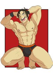 Rule 34 | 1boy, abs, bara, barefoot, booty electric, bulge, crotch, highres, kneeling, male focus, muscular, naughty face, nipples, pectorals, presenting, solo, tagme, tongue, tongue out, wink