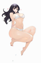 Rule 34 | 1girl, arms behind back, barefoot, bikini, black eyes, black hair, bobobong, breasts, bursting breasts, cleavage, commentary, covered erect nipples, english commentary, feet, full body, heart, highres, large breasts, light blush, lips, long hair, looking at viewer, midriff, nail polish, navel, original, pinup (style), sideboob, simple background, solo, swimsuit, thick thighs, thighs, toenail polish, toenails, underboob, wet, white background, white bikini