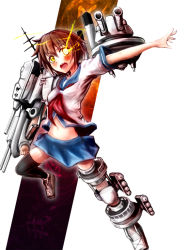 Rule 34 | 10s, 1girl, brown hair, burnt, furutaka (kancolle), glowing, glowing eye, kantai collection, meipaa (valuha), open mouth, outstretched arm, personification, sailor collar, scar, short hair, skirt, solo, thighhighs, yellow eyes, zettai ryouiki