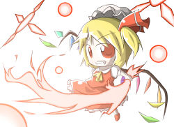 Rule 34 | 1girl, aoblue, attack, blonde hair, blouse, chibi, collared shirt, danmaku, female focus, flandre scarlet, hat, laevatein, mob cap, one side up, shirt, short hair, side ponytail, solo, touhou, white hat, white shirt, wings