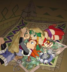 Rule 34 | 1boy, 1girl, blue eyes, candle, carpet, compass, cup, feena (grandia), game arts, grandia, grandia i, green eyes, green hair, hair tubes, hat, highres, hontani toshiaki, justin (grandia), layered sleeves, lying, map, miniskirt, on back, on stomach, one eye closed, pointing, red hair, skirt, striped clothes, striped thighhighs, teacup, tent, thighhighs, unworn hat, unworn headwear, wink