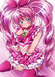 Rule 34 | 10s, 1girl, absurdres, bad id, bad pixiv id, blue eyes, bow, brooch, crop top, cure melody, earrings, frilled skirt, frills, gradient background, hair bow, heart, heart earrings, highres, houjou hibiki, jewelry, long hair, magical girl, pink background, pink bow, pink hair, pink skirt, pink theme, pink thighhighs, polka dot, polka dot background, precure, sharumon, sitting, skirt, smile, solo, suite precure, thighhighs, twintails, wariza, wrist cuffs