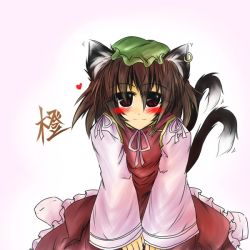 Rule 34 | 1girl, aiba kinoko (aozora), animal ears, blush, brown hair, cat ears, cat girl, cat tail, chen, earrings, female focus, gradient background, hat, jewelry, multiple tails, red eyes, short hair, smile, solo, tail, touhou