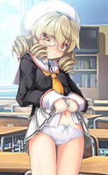 Rule 34 | 1girl, black shirt, blonde hair, blush, chair, chima q, classroom, clothes lift, desk, drill hair, embarrassed, fairy, fairy wings, glasses, hat, highres, indoors, lifting own clothes, luna child, miniskirt, navel, panties, red eyes, school uniform, serafuku, shirt, short hair, skirt, skirt lift, solo, television, thigh gap, touhou, underwear, white hat, white panties, white shirt, white skirt, wings