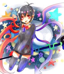 Rule 34 | 1girl, ahoge, asymmetrical wings, black hair, black thighhighs, blush, flying saucer, houjuu nue, mayo (mayomr29), pointy ears, polearm, red eyes, solo, spacecraft, star (symbol), thighhighs, tongue, tongue out, touhou, trident, ufo, weapon, wings