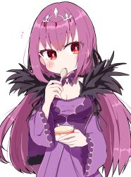 Rule 34 | 1girl, breasts, chibi, cleavage, dress, fate/grand order, fate (series), feather trim, food, highres, holding, holding spoon, ice cream, long hair, long sleeves, purple dress, purple hair, rabiiandrain, red eyes, scathach (fate), scathach skadi (fate), simple background, solo, spoon, tiara, very long hair, white background, wide sleeves