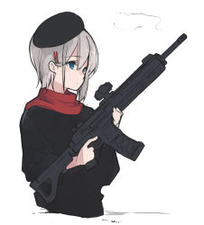Rule 34 | 1girl, akagawa007, assault rifle, bad id, bad pixiv id, beret, black shirt, blue eyes, expressionless, from side, grey hair, gun, hair ornament, hairclip, hat, highres, long sleeves, original, red scarf, rifle, scarf, scope, shirt, short hair, simple background, smoke, solo, trigger discipline, upper body, weapon, weapon request, white background