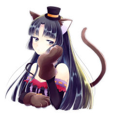 Rule 34 | 1girl, animal ears, animal hands, bare shoulders, black eyes, black hair, breasts, cat ears, cat tail, closed mouth, eyebrows, eyelashes, frills, frown, gloves, hand on own cheek, hand on own face, hat, head rest, kyou (karankoron), kyoukai no rinne, lace trim, long hair, looking at viewer, mini hat, parted bangs, paw gloves, ribbon trim, shima renge, simple background, small breasts, solo, strap slip, tail, upper body, white background