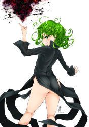 Rule 34 | 10s, 1girl, 2016, antaria, ass, bare legs, black dress, butt crack, dress, flat chest, green eyes, green hair, looking at viewer, matching hair/eyes, no panties, one-punch man, see-through, simple background, smile, solo, standing, tatsumaki, white background