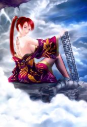 Rule 34 | 1girl, abacus, back-seamed legwear, bare back, bare shoulders, blue eyes, breasts, cloud, from behind, gloves, japanese clothes, kimono, lightning, long hair, looking back, pantyhose, red hair, s zenith lee, seamed legwear, sideboob, sitting, sky, solo, statue