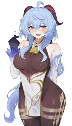 Rule 34 | 1girl, :d, absurdres, ahoge, arm behind back, bare shoulders, bell, black gloves, blue hair, bodice, bodystocking, bodysuit, bodysuit under clothes, breasts, brown bodysuit, brown pantyhose, covered erect nipples, cowbell, cowboy shot, detached collar, detached sleeves, ganyu (genshin impact), genshin impact, gloves, goat horns, hair between eyes, hand up, heart, highres, horns, kataku musou, legs together, long hair, long sleeves, looking at viewer, medium breasts, neck bell, open mouth, pantyhose, pelvic curtain, purple eyes, sidelocks, simple background, smile, solo, thighs, white background, white sleeves, wide hips