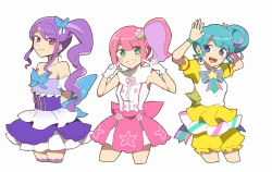 Rule 34 | 3girls, :d, arms behind back, arms up, bare shoulders, blue eyes, blue hair, blush, breasts, butterfly hair ornament, closed mouth, commentary request, cropped legs, dress, earrings, fingers to cheeks, flower, gloves, green eyes, grin, hair bun, hair flower, hair ornament, highres, jewelry, junon (pripara), kanon (pripara), long hair, looking at viewer, multicolored hair, multiple girls, multiple persona, nojima minami, open mouth, pink dress, pink flower, pink hair, pinon (pripara), pretty series, pripara, puffy short sleeves, puffy sleeves, purple dress, purple hair, rabbit pose, red eyes, short hair, short sleeves, side ponytail, sidelocks, simple background, small breasts, smile, star (symbol), star earrings, strapless, strapless dress, streaked hair, white background, white gloves, yellow dress