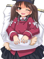 Rule 34 | 10s, 1boy, 1girl, ;d, admiral (kancolle), blush, brown eyes, brown hair, dd (ijigendd), hetero, hug, hug from behind, kantai collection, long hair, military, military uniform, naval uniform, one eye closed, open mouth, personification, ryuujou (kancolle), short hair, skirt, smile, twintails, uniform, visor cap
