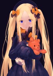 Rule 34 | 1girl, abigail williams (fate), absurdres, black bow, black dress, black hat, blonde hair, blue eyes, blush, bow, closed mouth, dress, fate/grand order, fate (series), forehead, hair bow, haru (re ilust), hat, highres, holding, holding stuffed toy, hugging object, long hair, long sleeves, looking at viewer, orange bow, parted bangs, ribbed dress, simple background, sleeves past fingers, sleeves past wrists, solo, stuffed animal, stuffed toy, teddy bear, twintails