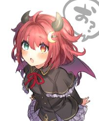 Rule 34 | 1girl, :o, ahoge, bad id, bad pixiv id, bat hair ornament, black capelet, black dress, blush, capelet, crescent, crescent hair ornament, demon girl, demon horns, demon wings, dress, fang, frilled capelet, frills, green eyes, hair between eyes, hair ornament, heterochromia, horns, long hair, neck ribbon, nijisanji, open mouth, purple wings, red eyes, red hair, red ribbon, ribbon, shikino yuki, simple background, solo, translation request, two side up, virtual youtuber, white background, wings, yuzuki roa