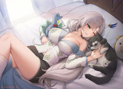 Rule 34 | 1girl, absurdres, akaharuu, artist name, asymmetrical bangs, bird, blush, braid, braided bangs, breasts, cleavage, commission, feather hair ornament, feathers, green eyes, grey hair, hair ornament, highres, hololive, hololive indonesia, large breasts, long hair, navel, off shoulder, on bed, open mouth, pajamas, pavolia reine, peacock, second-party source, shirt, smile, solo, swept bangs, very long hair, virtual youtuber, wavy hair