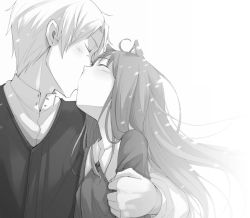 Rule 34 | 1boy, 1girl, animal ears, ayakura juu, blush, couple, craft lawrence, closed eyes, floating hair, greyscale, hetero, highres, holo, kiss, long hair, monochrome, novel illustration, official art, shirt, simple background, snowing, spice and wolf, upper body, white background, wolf ears