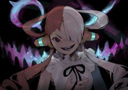 Rule 34 | 1girl, 1other, artist request, bare shoulders, breasts, demon, dress, evil smile, fangs, glowing, glowing eyes, hair over one eye, hand on own chest, headphones, highres, idol, large breasts, long hair, long sleeves, looking at viewer, multicolored hair, one piece, one piece film: red, purple eyes, red hair, shaded face, smile, tot musica (one piece), two-tone hair, uta (one piece), very long hair, white dress, white hair