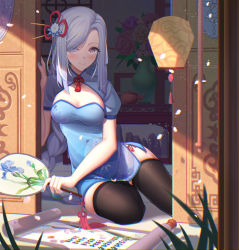 Rule 34 | 1girl, absurdres, alternate costume, aqua eyes, black thighhighs, blue nails, blush, braid, breasts, bright pupils, china dress, chinese clothes, chinese commentary, cleavage, closed mouth, commentary request, doorway, dress, earrings, eyelashes, flower pot, fujiko sugi, genshin impact, hair ornament, hair over one eye, hand fan, highres, holding, holding fan, jewelry, lantern, long hair, looking at viewer, low-braided long hair, low-tied long hair, medium breasts, nail polish, one eye covered, scroll, shenhe (genshin impact), sidelocks, silver hair, sitting, smile, solo, sunlight, table, tassel, tassel earrings, teapot, thighhighs, thighs, vase, white pupils