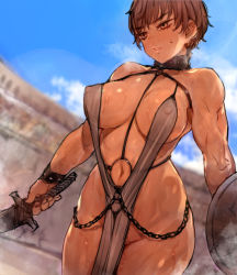 Rule 34 | 1girl, areola slip, bad id, bad pixiv id, bikini, blue sky, blush, breasts, brown hair, c.cu, chain, cliff, cloud, collar, colosseum, covered erect nipples, curvy, dark-skinned female, dark skin, dutch angle, female pubic hair, head tilt, holding, holding shield, holding sword, holding weapon, impossible clothes, large breasts, light areolae, loincloth, metal collar, muscular, muscular female, navel, original, outdoors, parted lips, pubic hair, revealing clothes, shield, shiny skin, short hair, sky, sweat, swimsuit, sword, thong bikini, tomboy, warrior, weapon, wide hips, yellow eyes