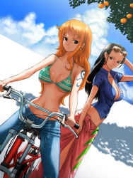 Rule 34 | 2girls, arm behind back, arm up, bicycle, bikini, bikini top only, black hair, blue shirt, blue sky, boyaking, breasts, breasts apart, brown eyes, center opening, cleavage, cloud, cloudy sky, collarbone, crop top, day, denim, dutch angle, earrings, eyewear on head, food, fruit, glasses, hair slicked back, jeans, jewelry, large breasts, long hair, looking back, lowleg, midriff, multiple girls, nami (one piece), navel, nico robin, no bra, one piece, open clothes, open shirt, orange (fruit), orange hair, outdoors, pants, pink skirt, revealing clothes, sabaody archipelago, sarong, shade, shirt, short sleeves, side slit, skirt, sky, smile, straddling, striped, sunglasses, swimsuit, tattoo, underboob, unzipped, zipper